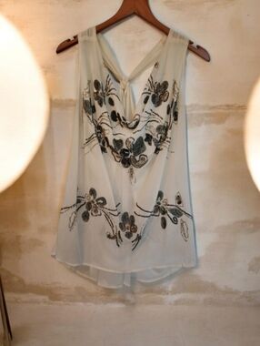 Vintage Ludi Beaded Sequin Open Back Boho Top - Sheer Ivory Floral